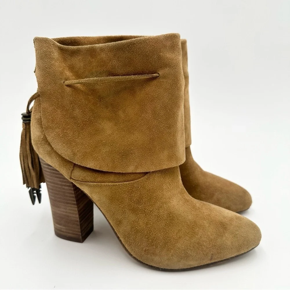 Sigerson Morrison Suede Ankle Booties Fold Over Tassel Stacked Heel